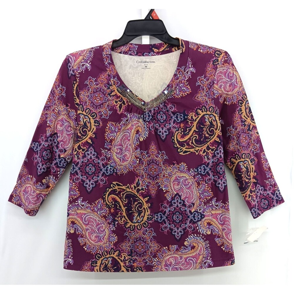 Croft & Barrow Shirt Women Medium Purple Paisley 3/4 Sleeve Embellished V Neck